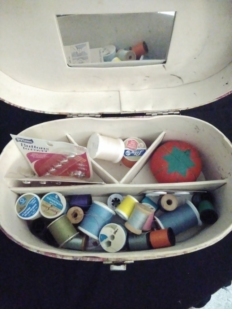 MCM 4 Compartment Sewing/Makeup Case With Thread. Lidded with snap catch closure