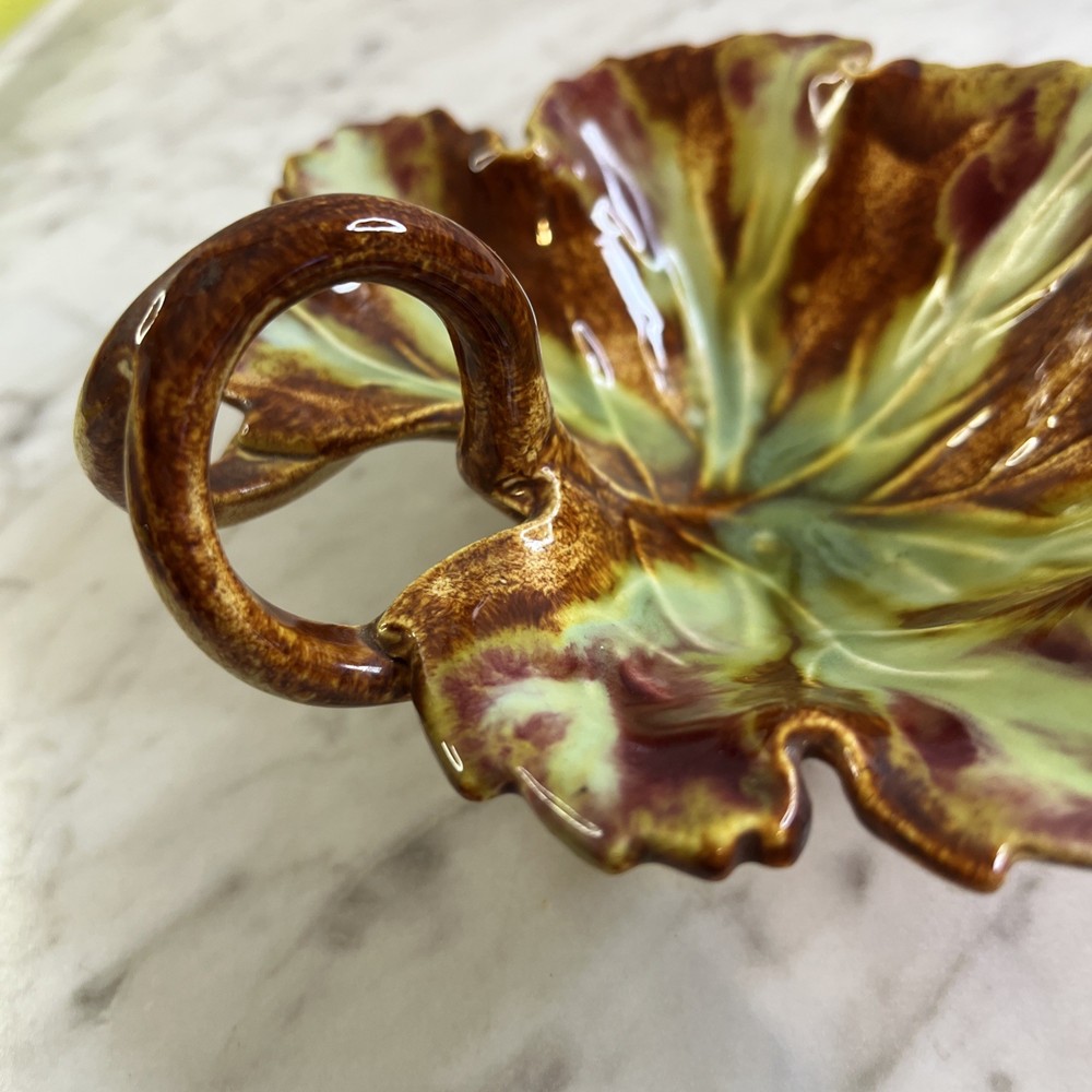 Vintage Maple Leaf Dish Green Brown Ceramic Double Loop Handle MCM
