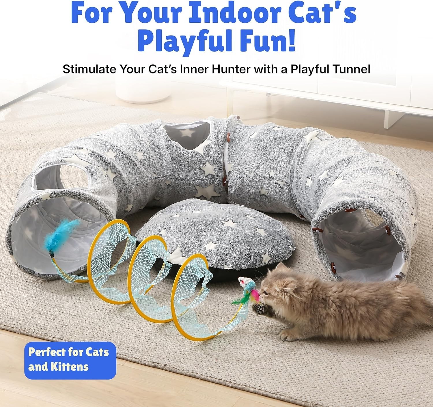 NEW Cat Tunnel Bed Indoor Cats - Plush Interactive Donut Tunnel w/ Dual Peekaboo