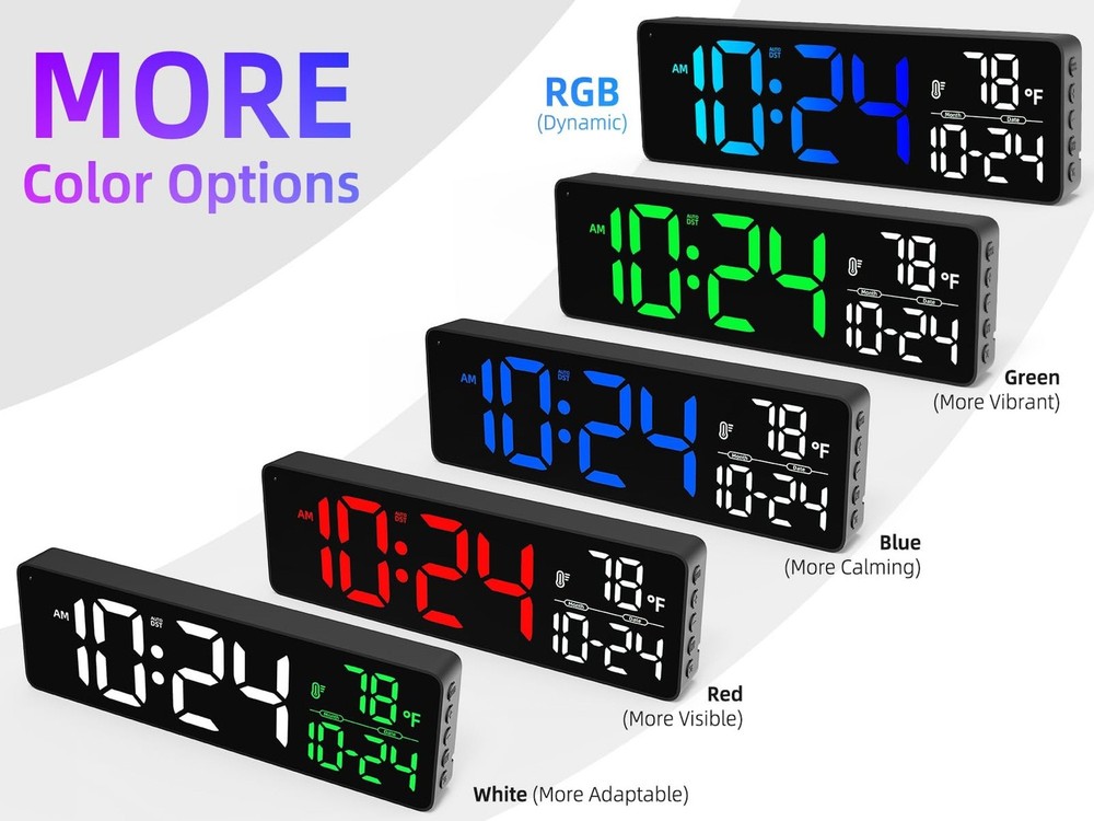Large LED Digital Wall Clock with Date, Temperature, Auto-Brightness, Auto-DS...
