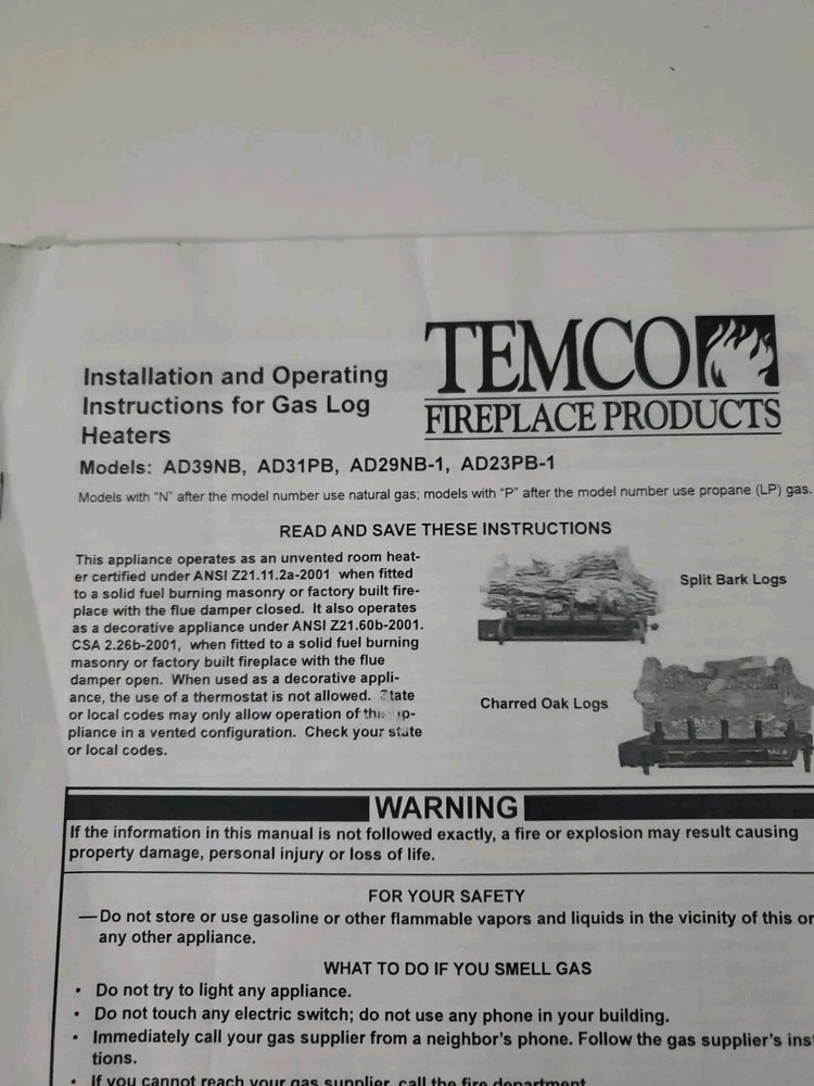 TEMCO FIREPLACE PRODUCTS INSTALLATION & OPERATING INSTRUCTIONS GAS LOG HEATERS