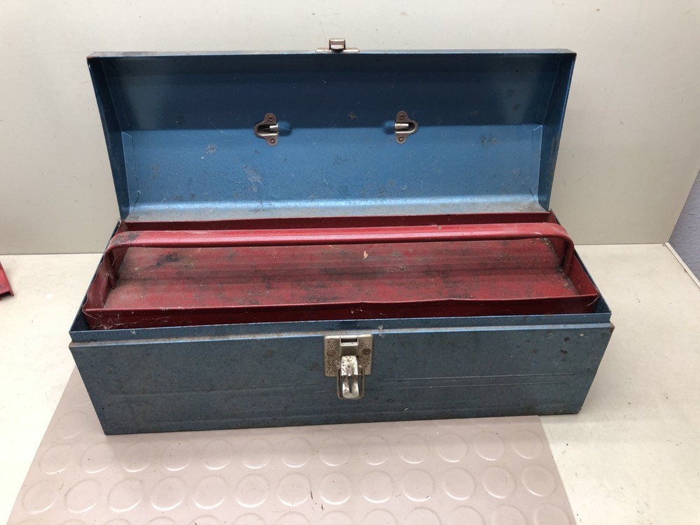 Vintage Blue Metal Toolbox With Red Tray Insert