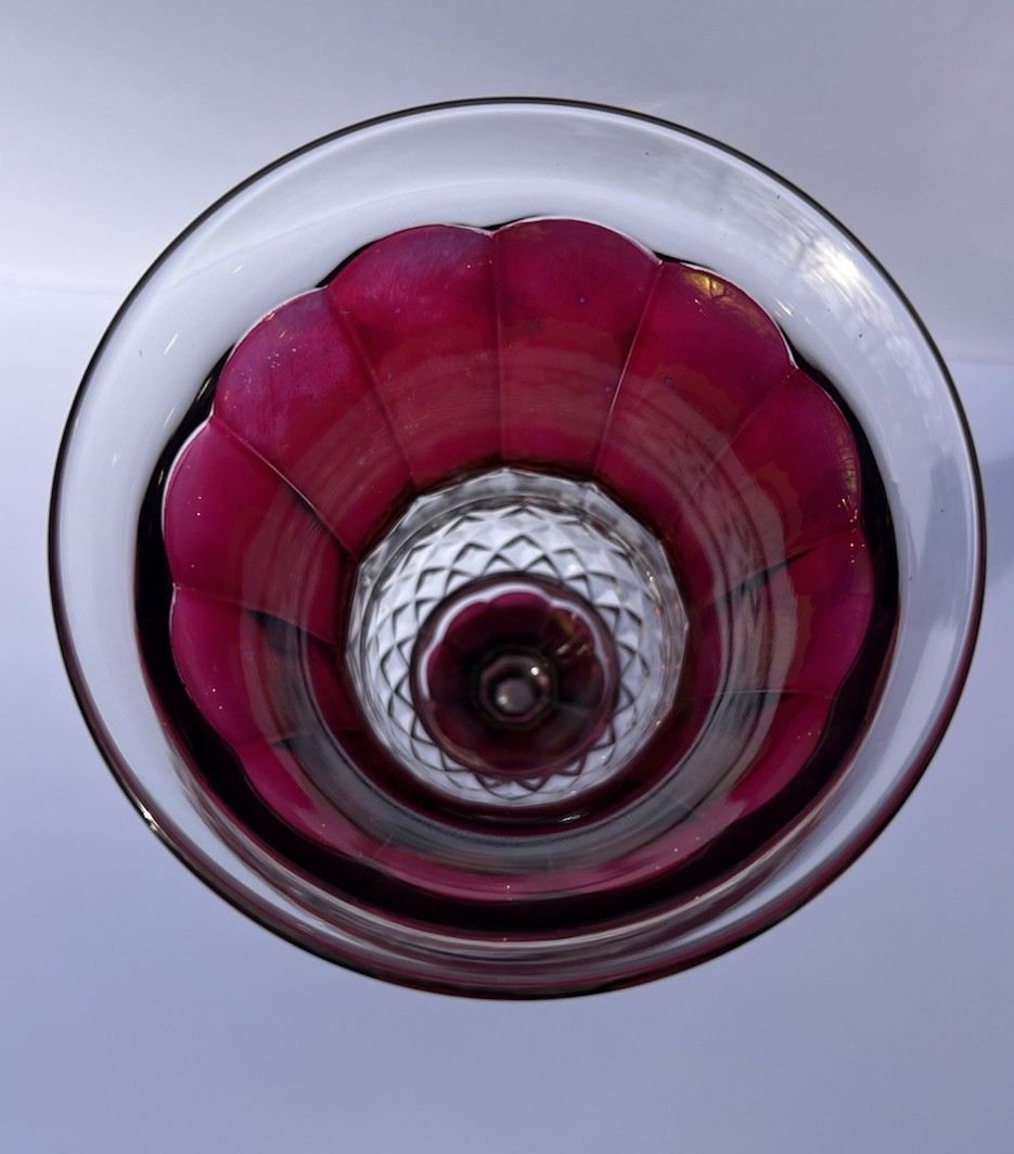 Antique 1890’s Victorian Ruby Flash EAPG 12 Panel Pedestal Celery Vase 10”