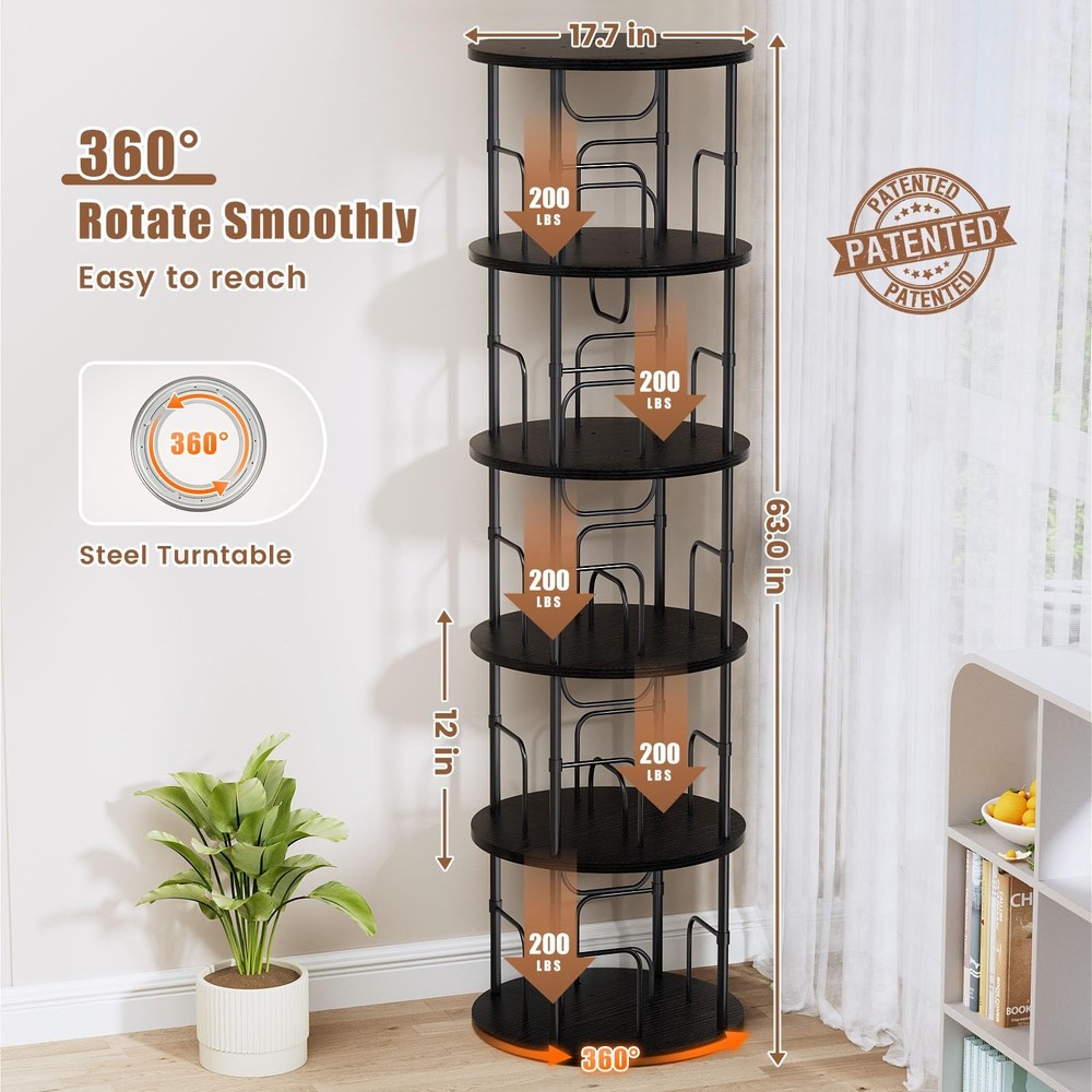 5 Tier Rotating Bookshelf, 360 ° Display Stackable Spinning Bookshelf Tower, ...