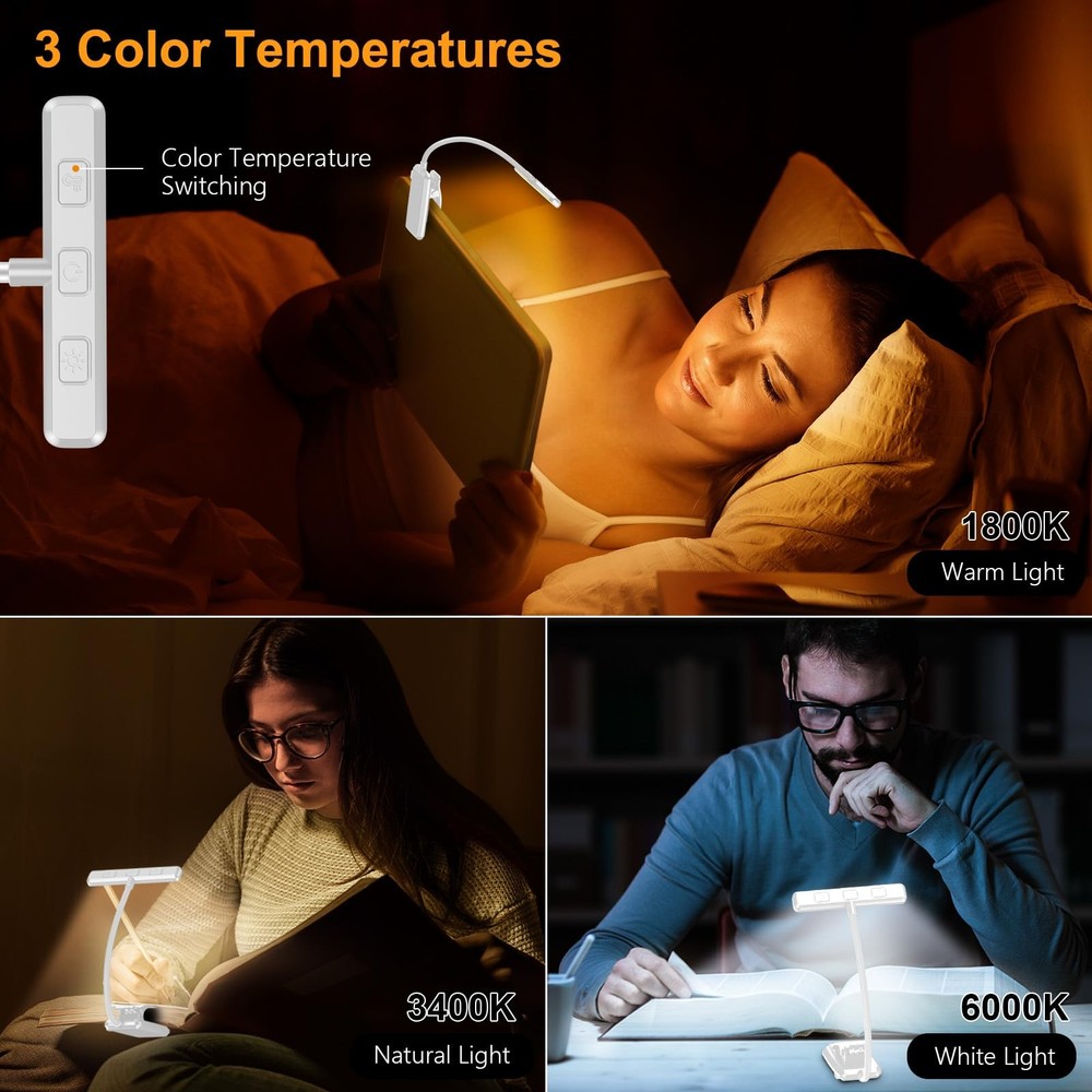 19 LED Rechargeable Book Light Memory Function 3 Color Stepless Dimming White