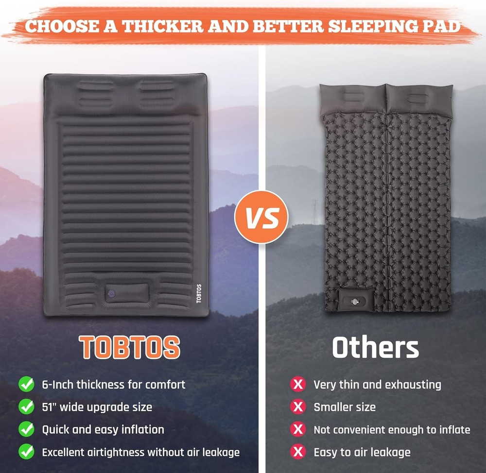 Double Sleeping Pad for Camping Extra Thick 6" Camping Mattress 2 Per...