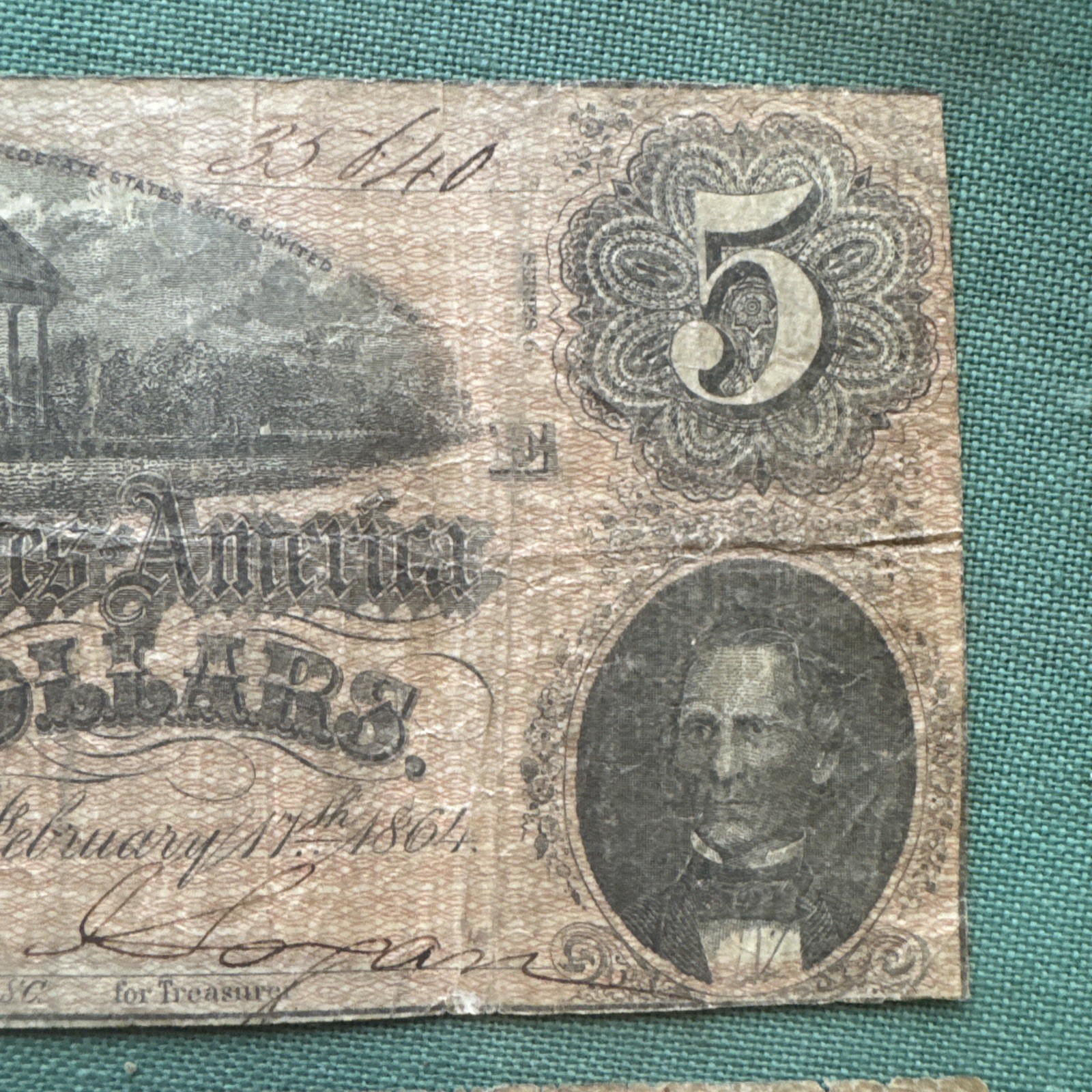 Pair of Poor Confederate States of America $5.00 Notes