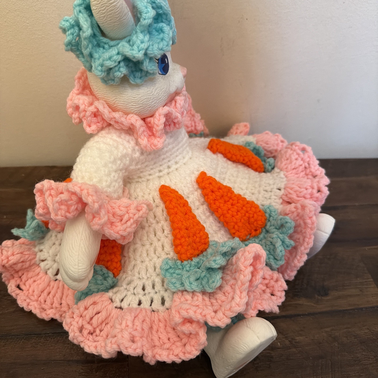 Vintage Easter Bunny Doll Handmade Crochet Carrot Dress Vinyl Rabbit Toy Decor