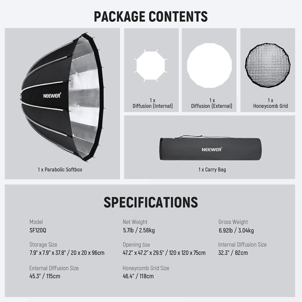 US Triopo 47.2inch/120cm Parabolic Softbox Quick Set up with Diffusers/Honeycomb