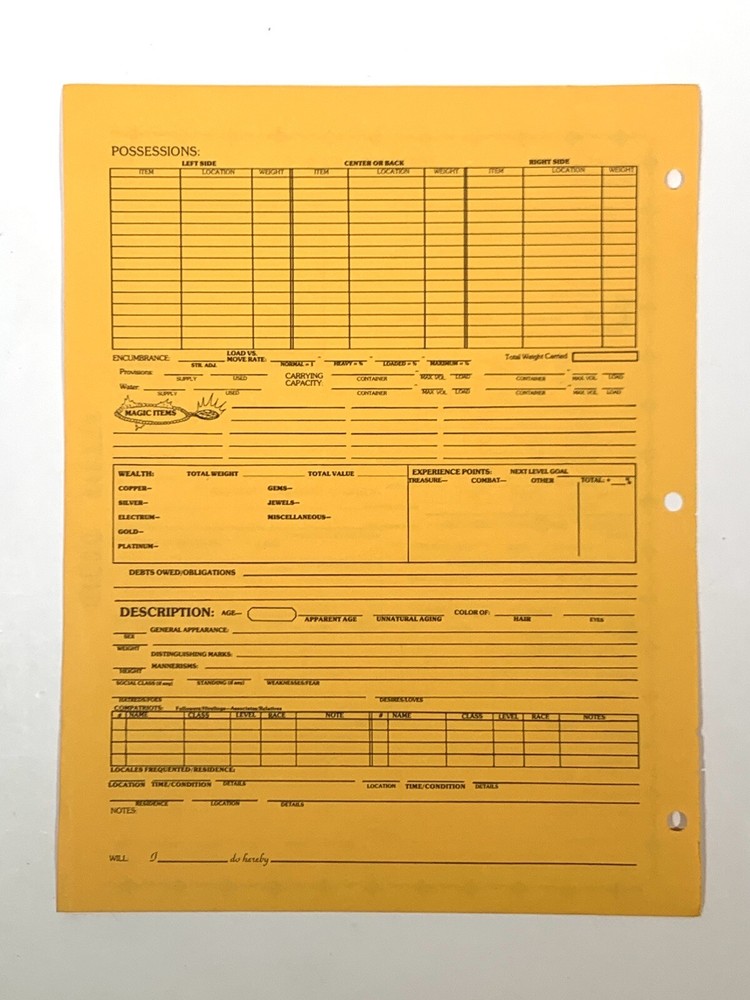 CLASSIC! AD&D Player Character Record Sheet (DRUID, CLERIC) UNUSED E1