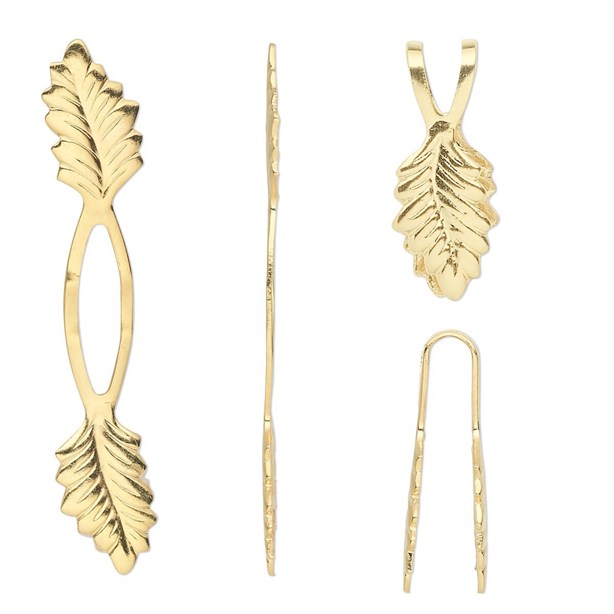 Bail, Fold Over, Gold Plated Brass Glue on Y Leaf 39x7mm Pendant with 20mm Grip