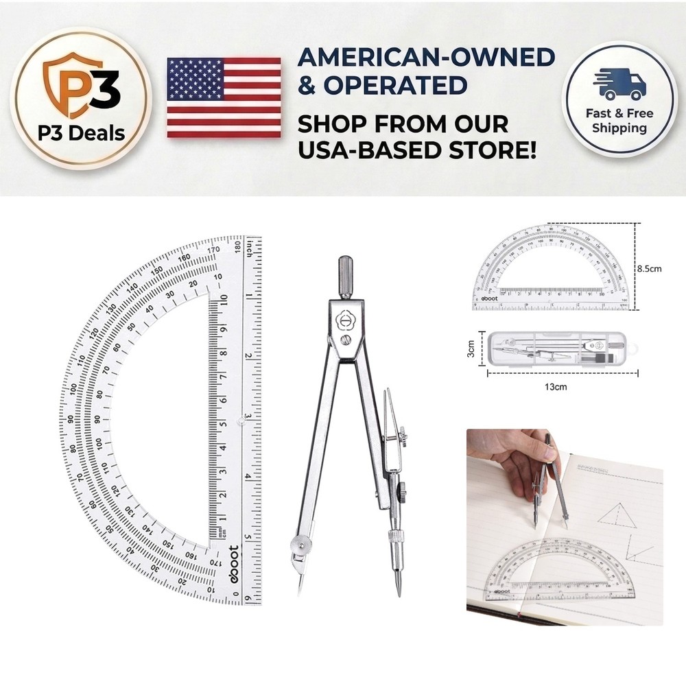 Clear Case Geometry Math Set: Durable Compass & 6-Inch Protractor for Students