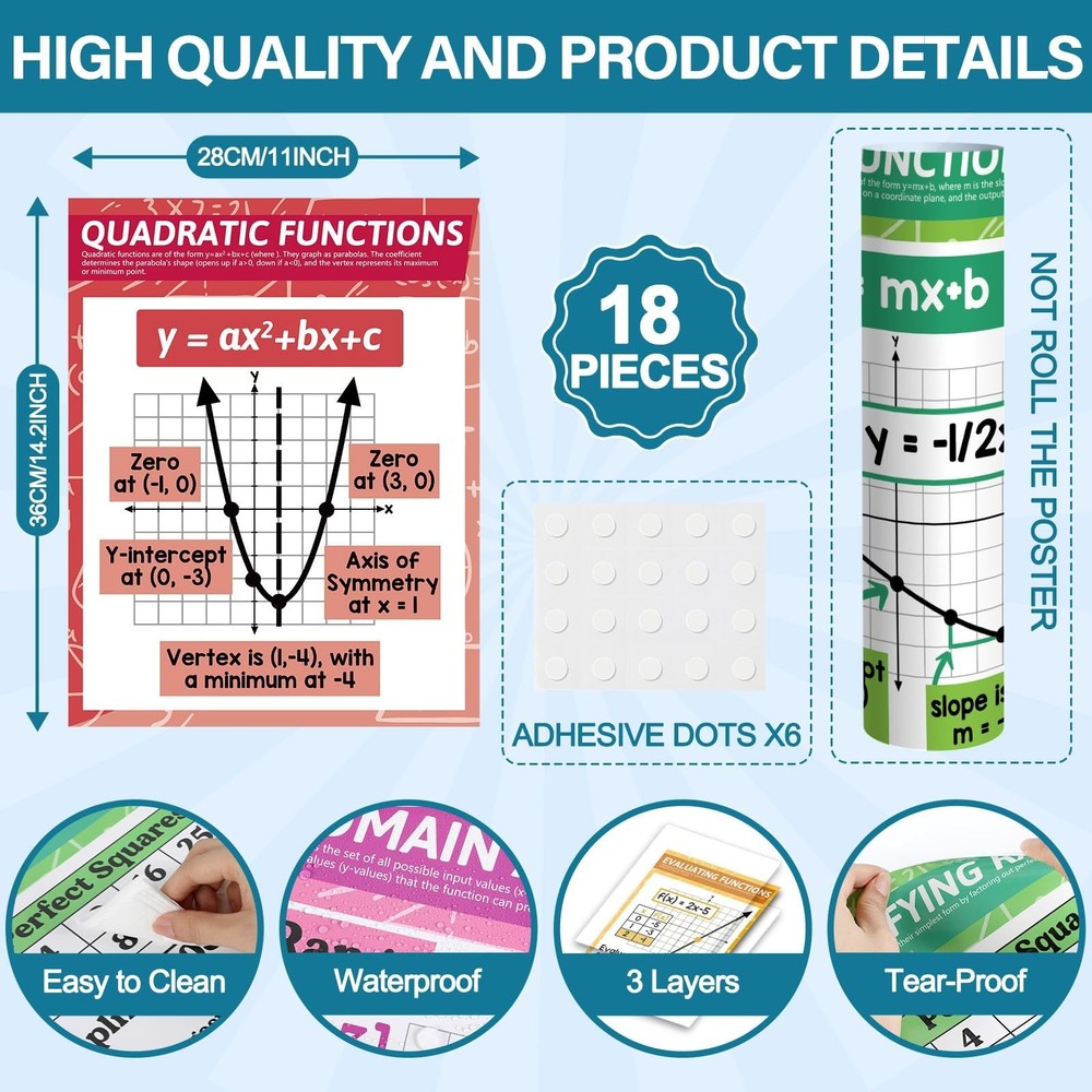 OBUSATT 18Pcs Math Posters for Classroom Algebra Posters for High School Supp...