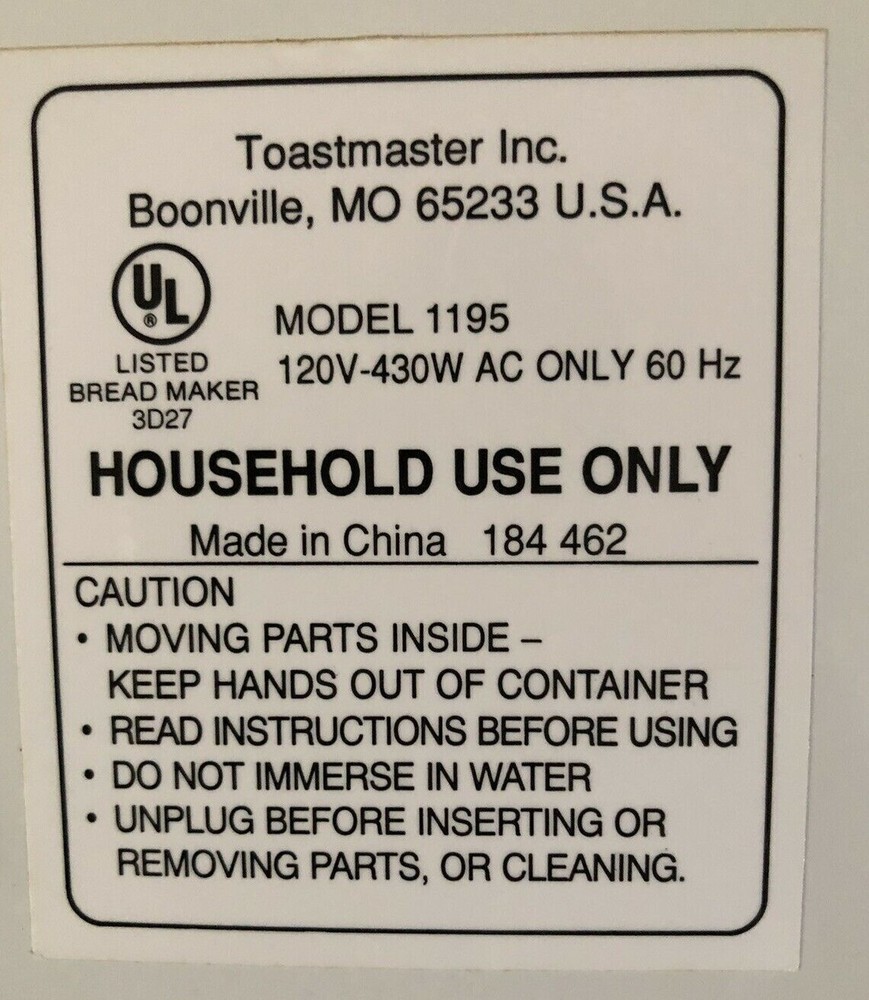 Choose Part for Toastmaster Bread Box Maker Machine Model 1195