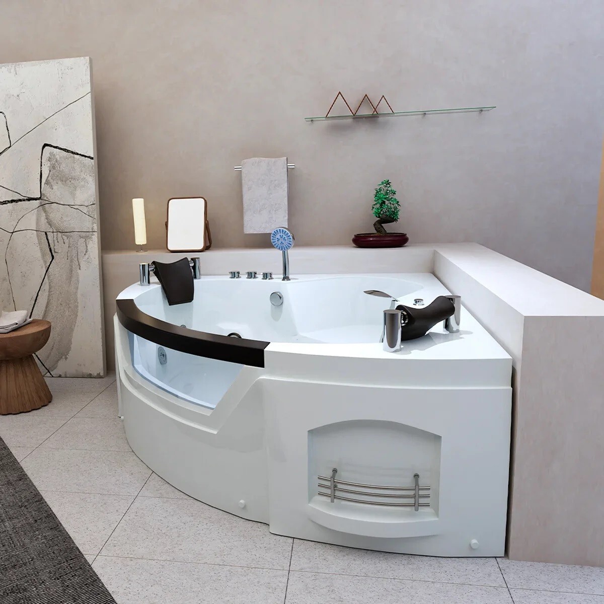 Corner Bathtub 61" Acrylic with Light, Heater, Freestanding Soaking Spa Jetted