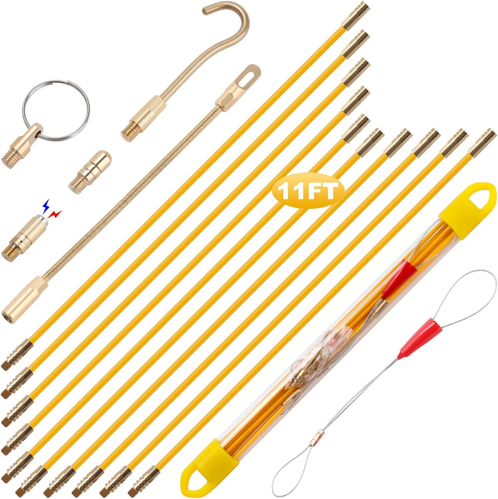 11' Fiberglass Running Electrical Wire Cable Pulling Fish Tape Kit with 5 Differ