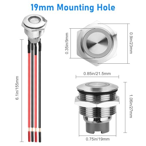 19mm Latching Push Button Switch, 12V Metal Self Locking SPST ON 19mm Wire Red