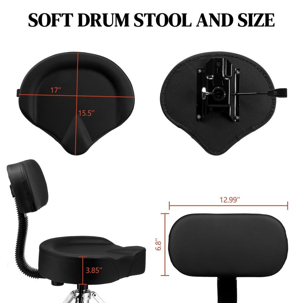 Professional Drum Throne Stool,360° Rotating,Height Adjustable,PU Leather, Black