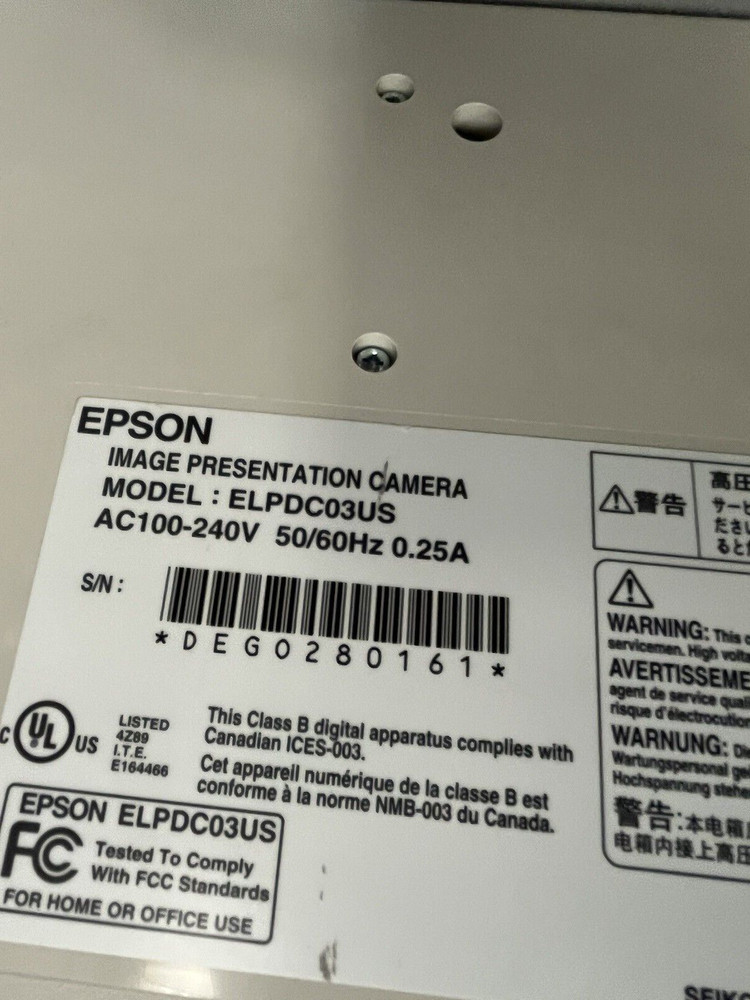 Epson Image Presentation Cameras ELPDC03 Motion Presentation Camera w/Power Cord