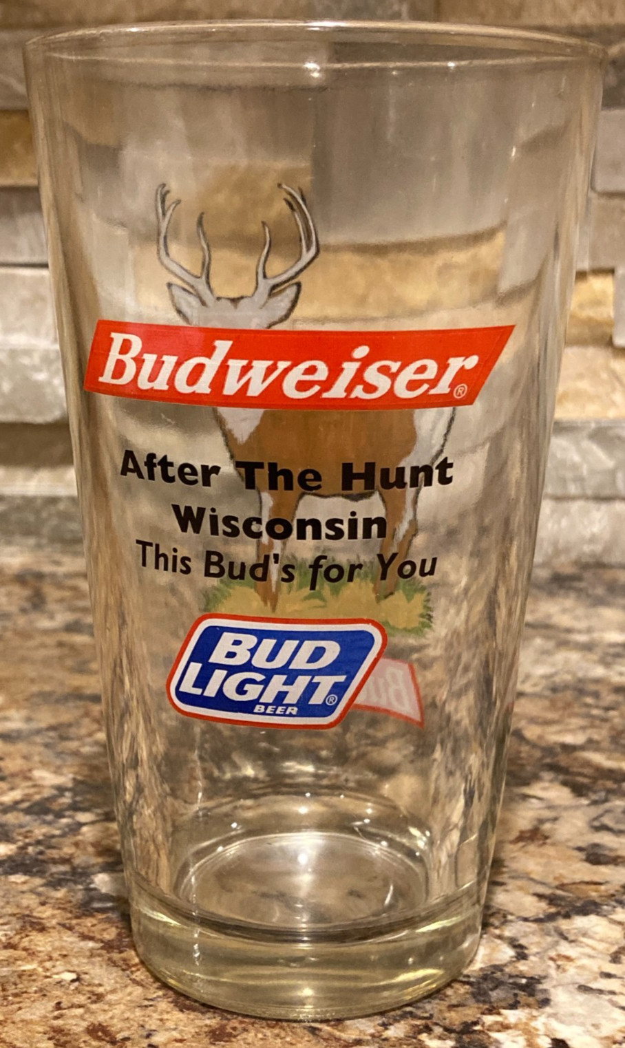 Budweiser Beer Pint Glass ~ Whitetail Deer / Buck ~ "After the Hunt Wisconsin"