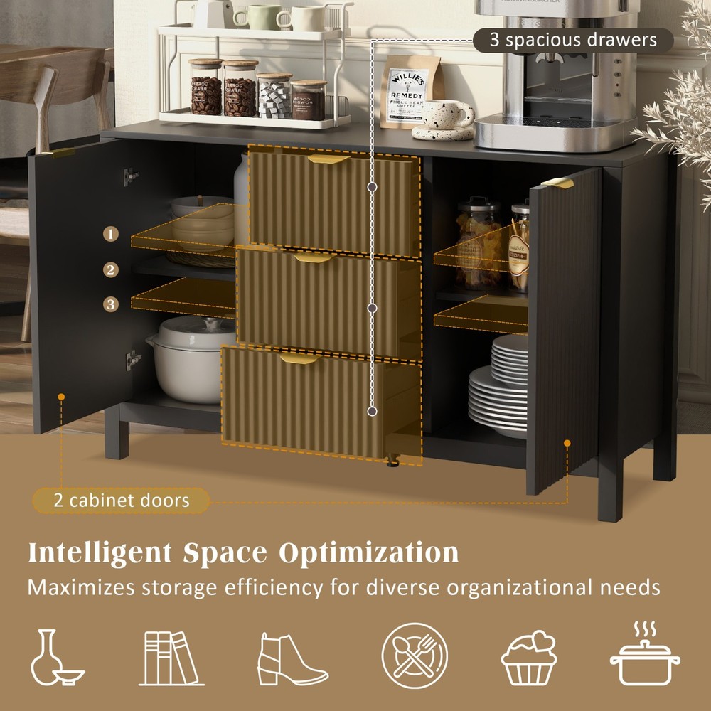 Wave Design Sideboard (3 Adjustable Shelves, 3 Drawers, Soft-Close Doors, Metal)