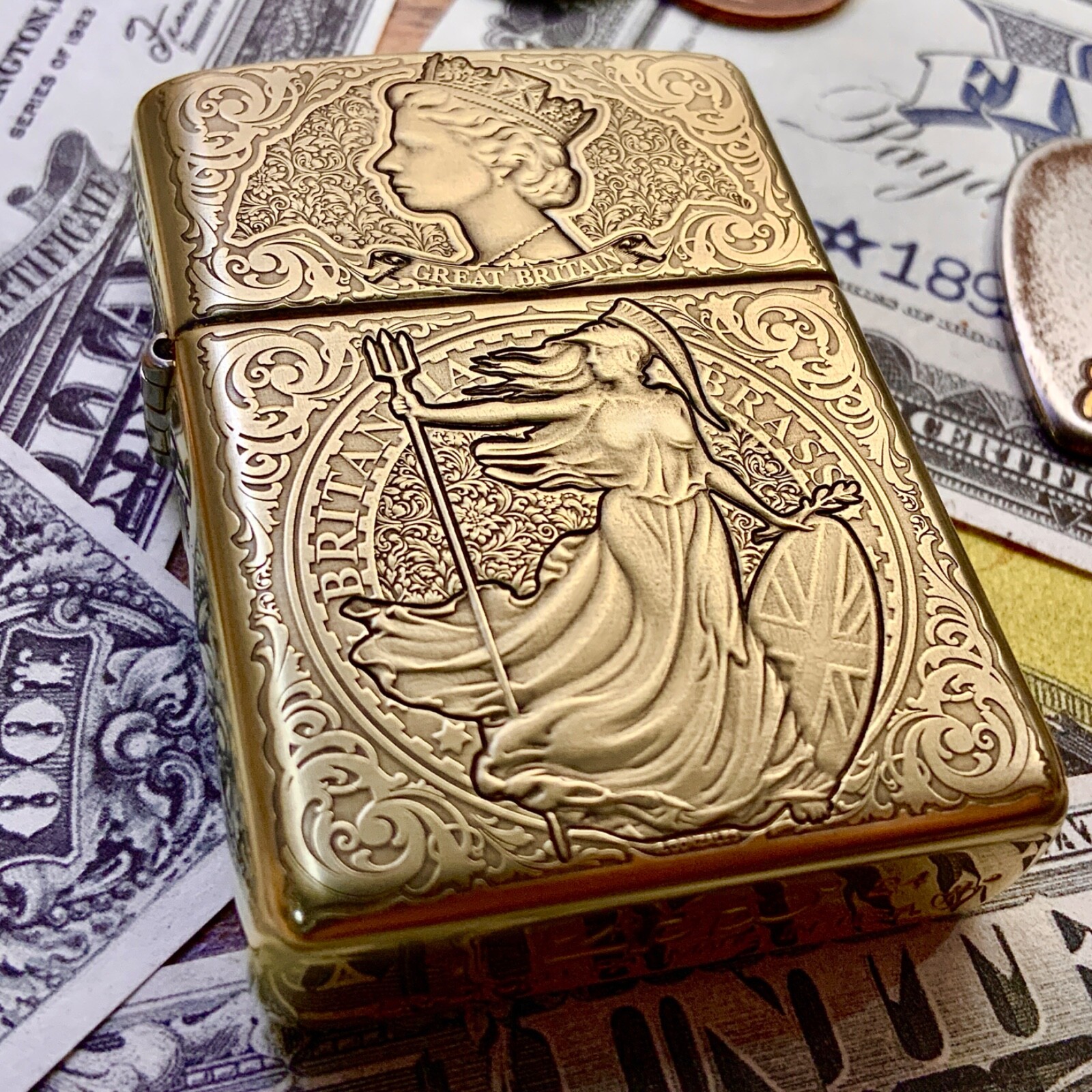 Zippo “Britannia” Bullion Coin Themed Engraved Brass Armor Cigarette Lighter