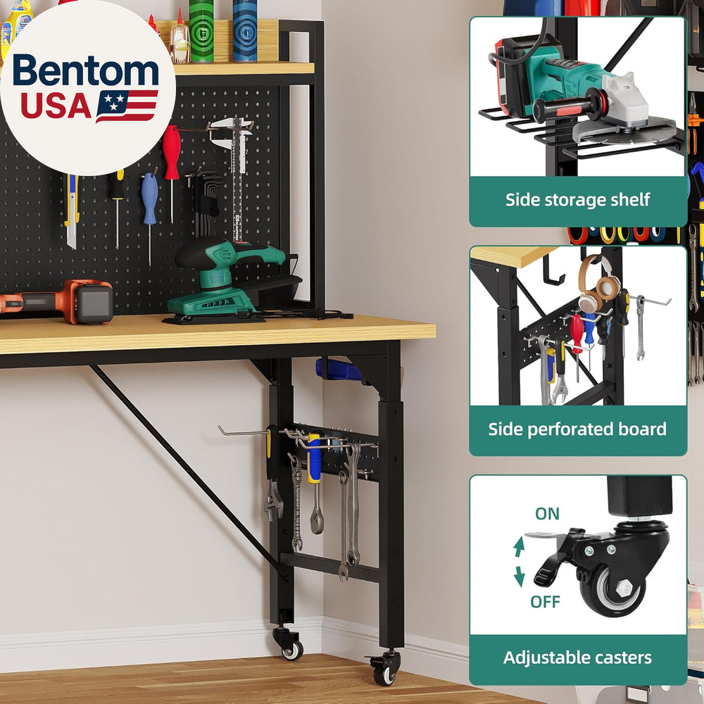 Rolling Workbench Adjustable Garage Table with Pegboard