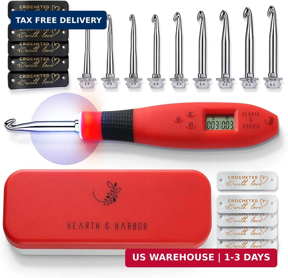 Hearth & Harbor Light Up Crochet Hook Set with Case, Counting Crochet Hook Set D