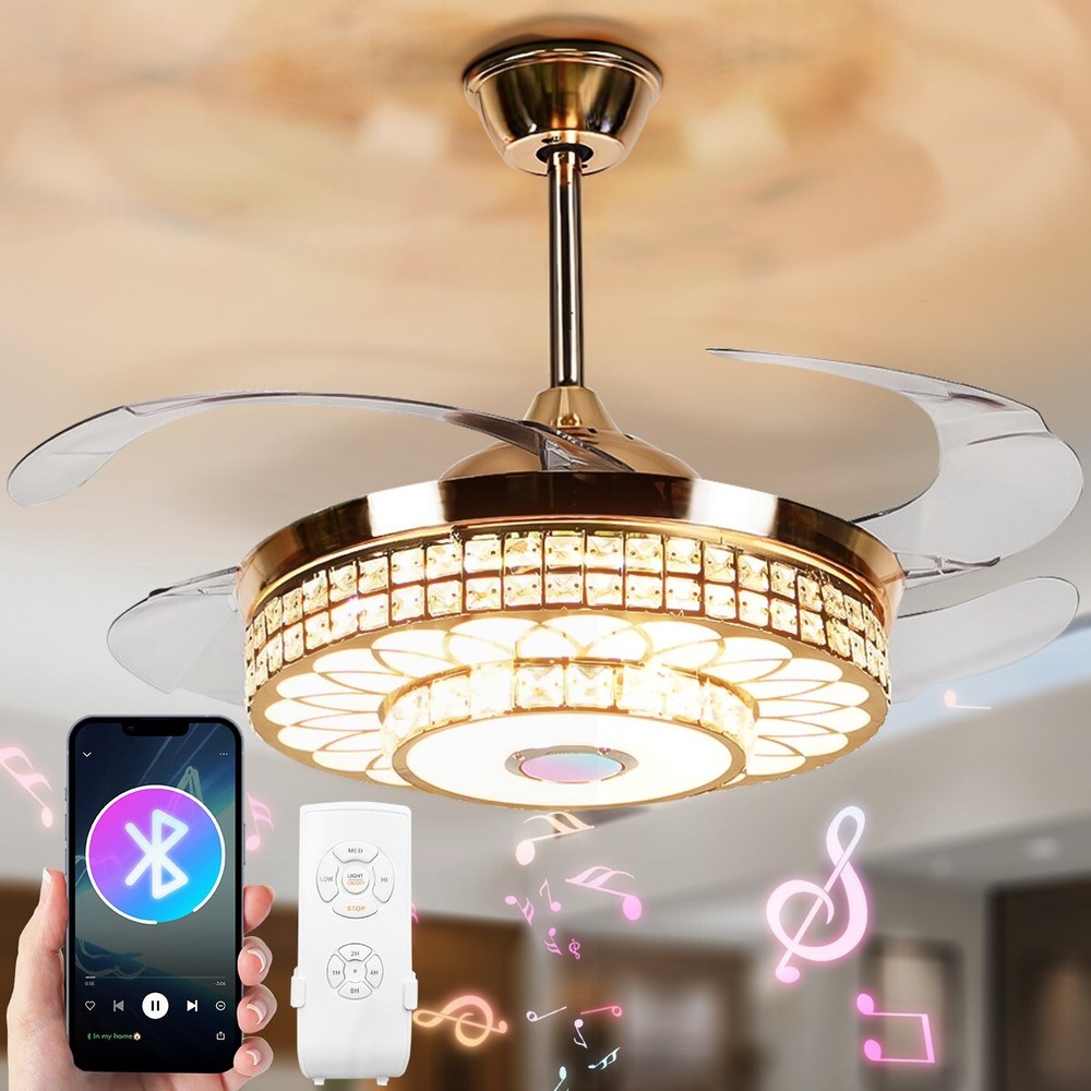 42" Gold Crystal Ceiling Fan Light – Bluetooth Speaker, Remote, 3-Color LED