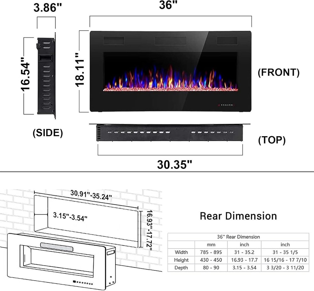 36 Inch Electric Fireplace Inserts, in-Wall Recessed &Wall Mounted,Timer,Remote