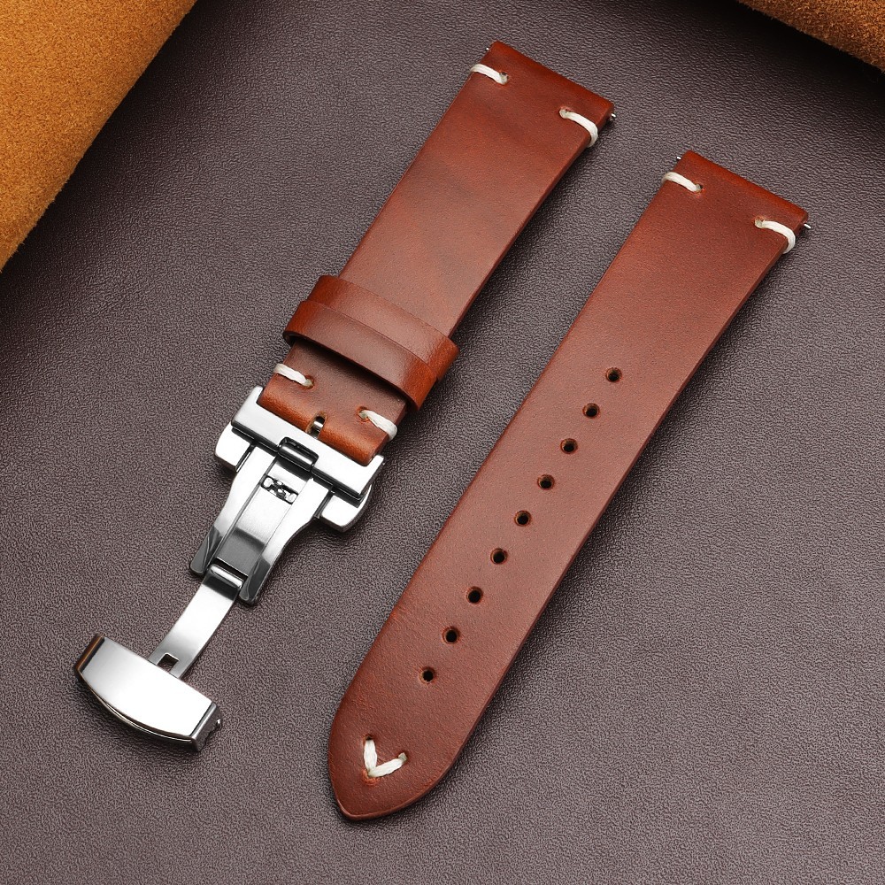 Genuine Leather Butterfly Buckle Watch Bands 18/20/22mm Waterproof Retro Oil Wax
