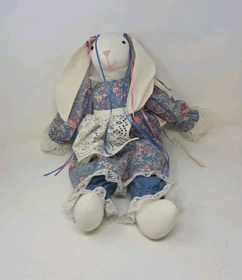 Vintage Handmade 19” Easter Bunny Rabbit Doll Flowers Floral Lace Dress & Apron