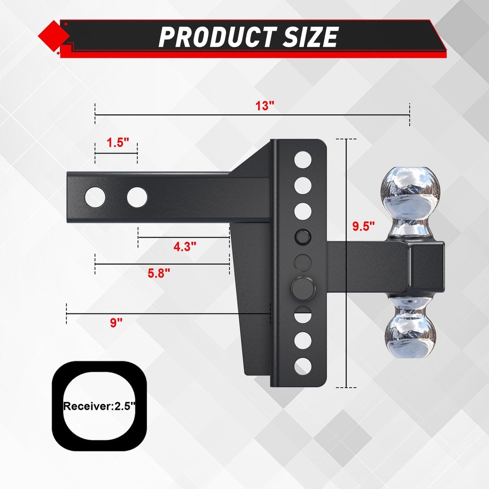 2.5" Receiver 6" Drop Adjustable Trailer Hitch 22000 lbs Heavy Duty Solid Ball