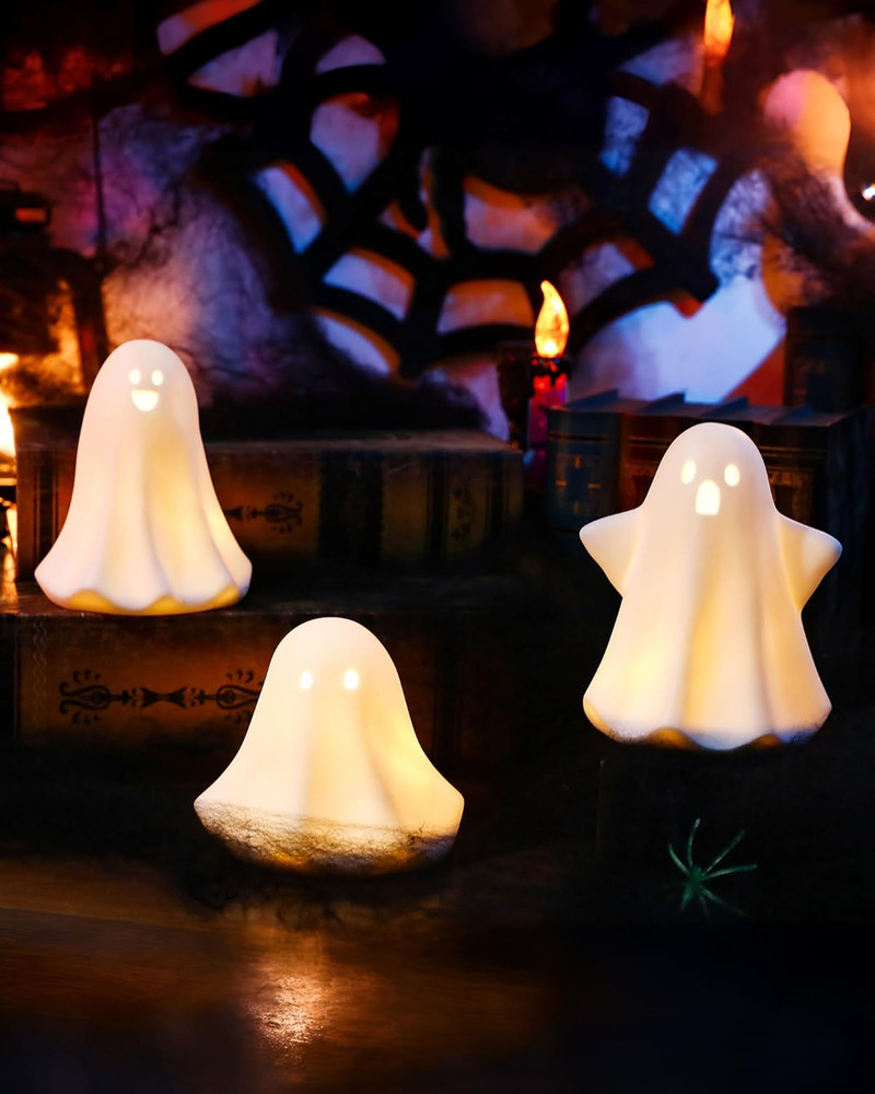 Ceramic Ghosts Small White Ghost Figurine, 3PCS Light up Ghost Decor