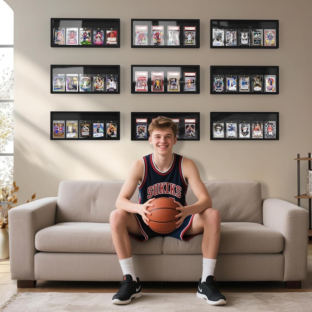 Trading Card Display Frame Wall Mount, Wooden Baseball with Clear View, Grade...