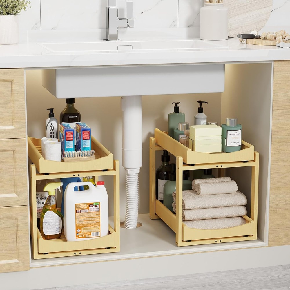 Bamboo Under Sink Organizer Adjustable Height 2 Tier Bathroom Organizer Pull Out