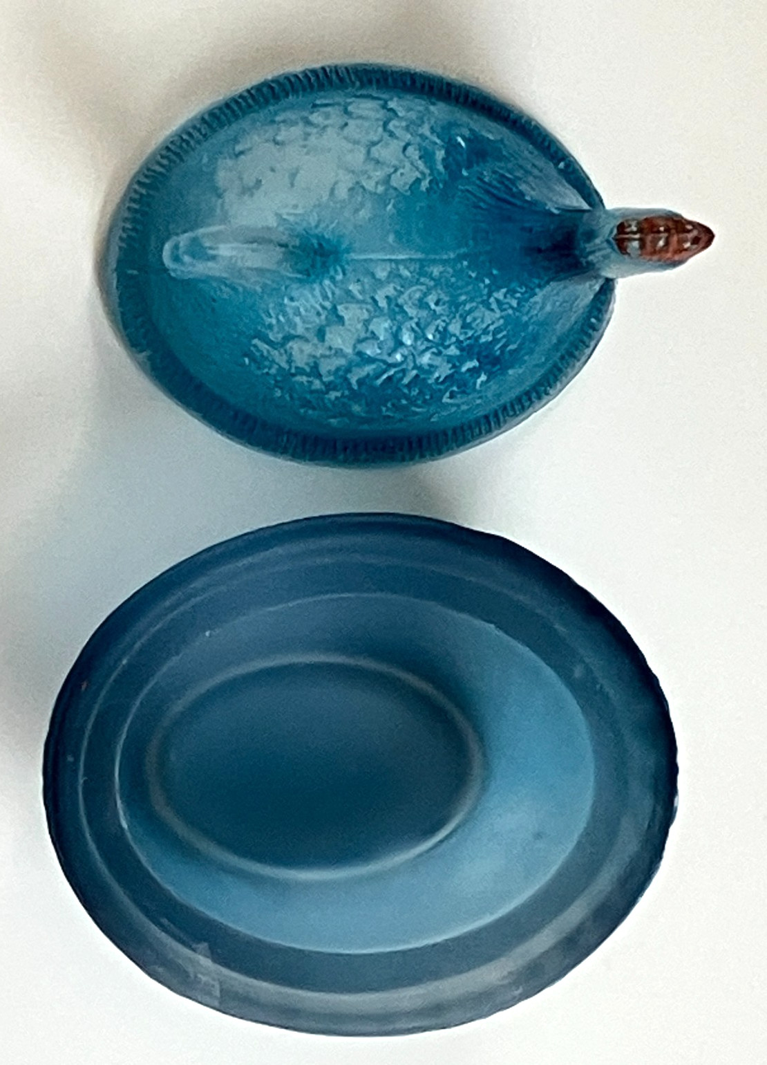 Vintage Small Frosted Blue Glass Hen on Nest Covered Salt Cellar/Salt Dip-Dish