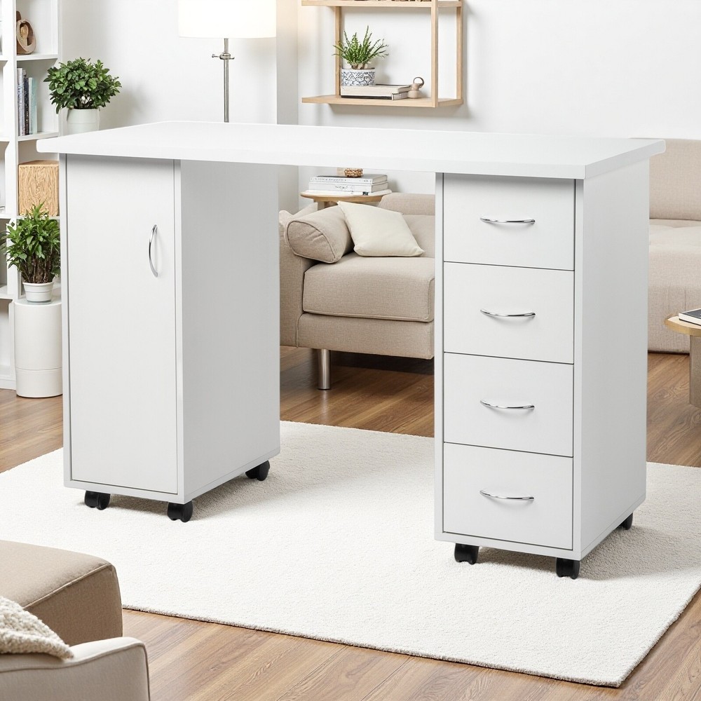 Rolling Computer Desk - White, 4-Drawer, 2 Shelves Storage & MDF ​Nail Table​