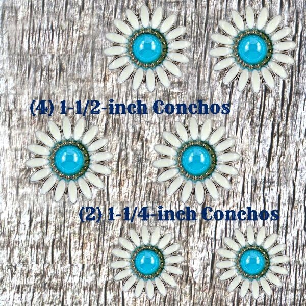 White Daisy Concho with Turquoise centers Saddle Set CON400-E-SD-SET-TQ