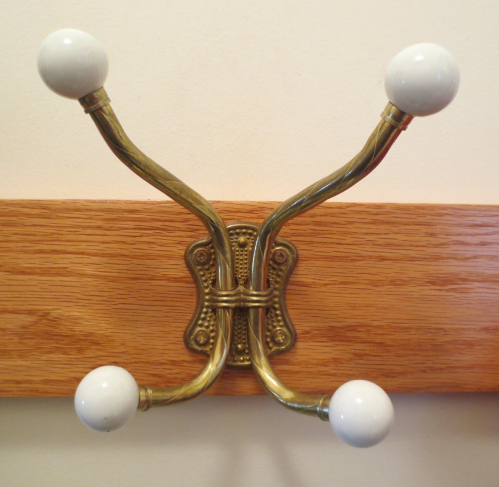 New Vintage Solid Brass 4 Hook Coat Hanger Porcelain Knobs and Screws