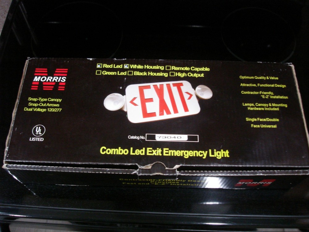 NEW MORRIS 73040 EXIT SIGN W/EMERGENCY LIGHTS, RED LED, CEILING MT., SINGLE FACE