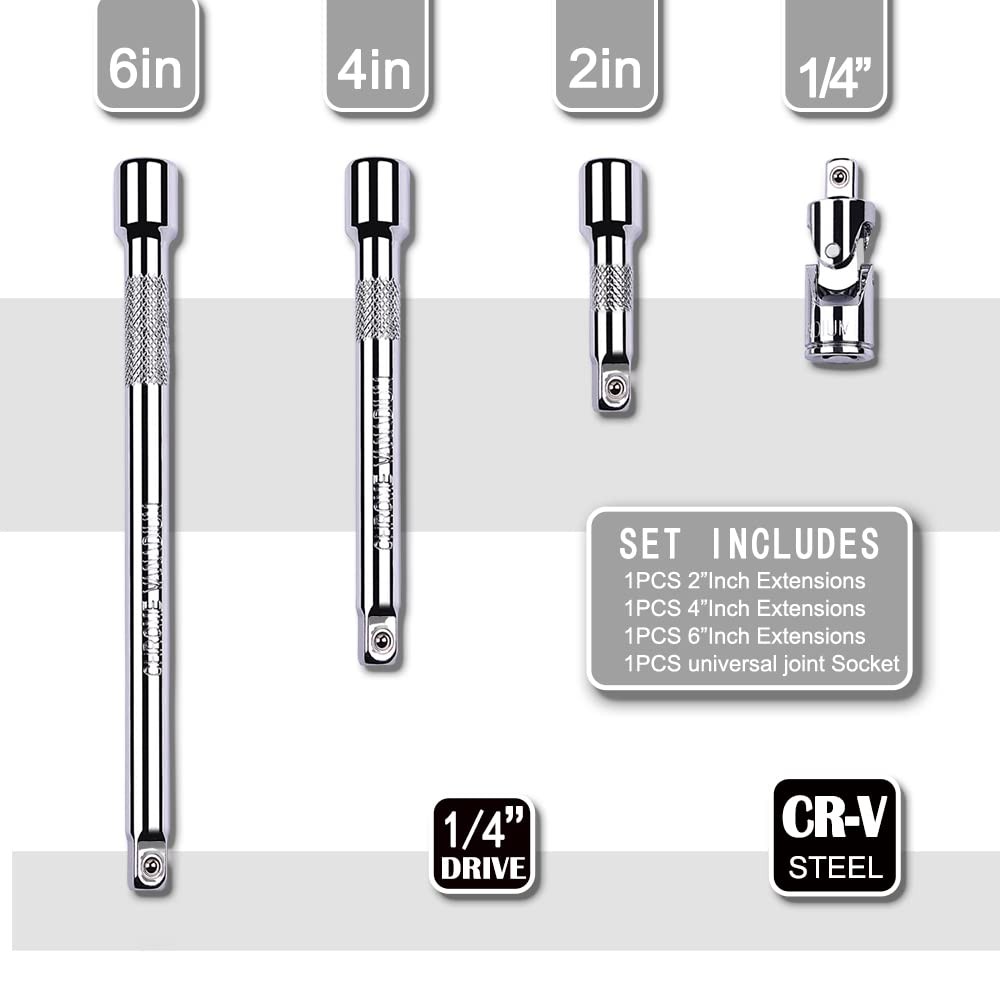 4 Piece 1/4 Inch Drive Extension Bar Set, Socket 1/4"