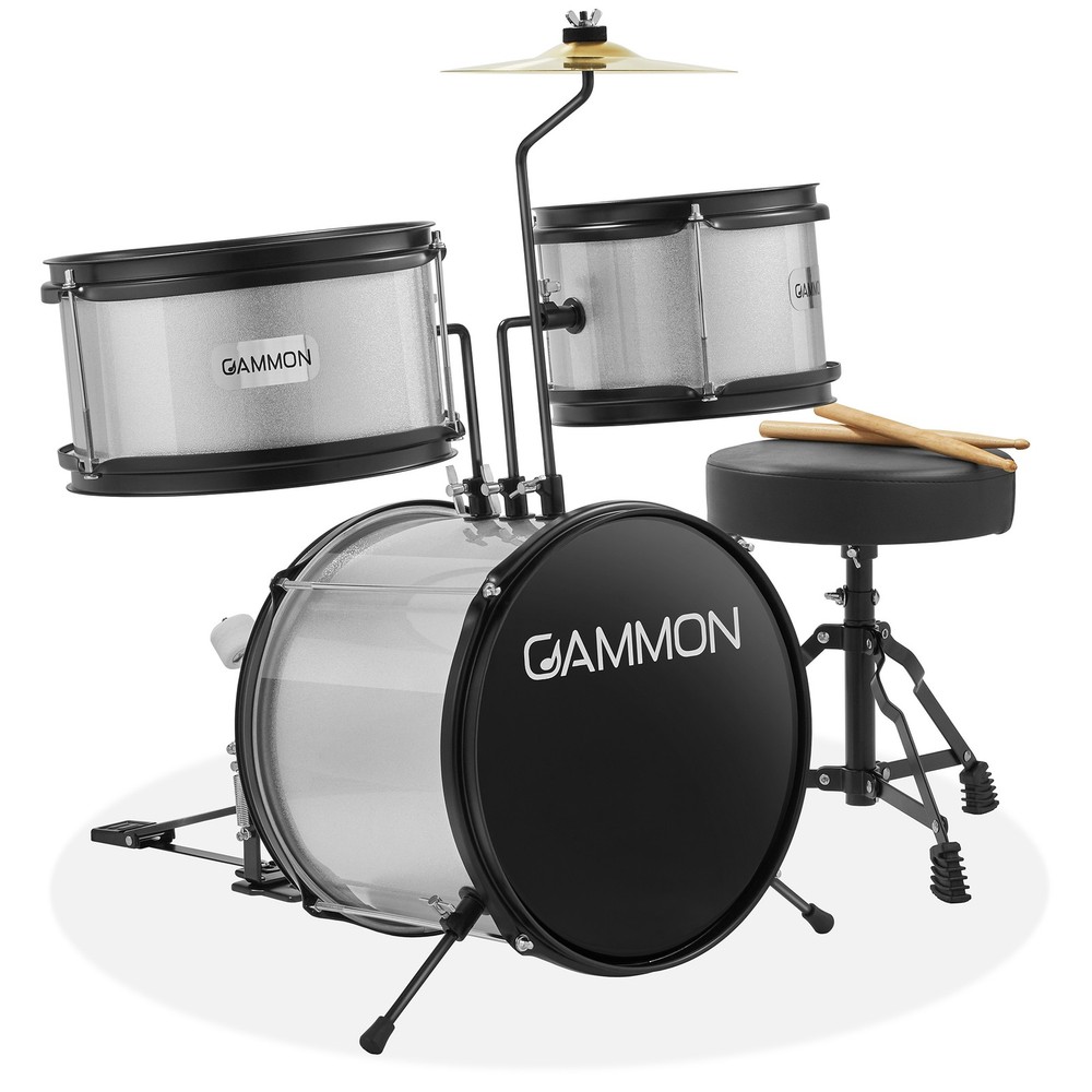 OPEN BOX - 3-Piece Junior Drum Set - Silver, Kit with Throne, Cymbal, Drumsticks