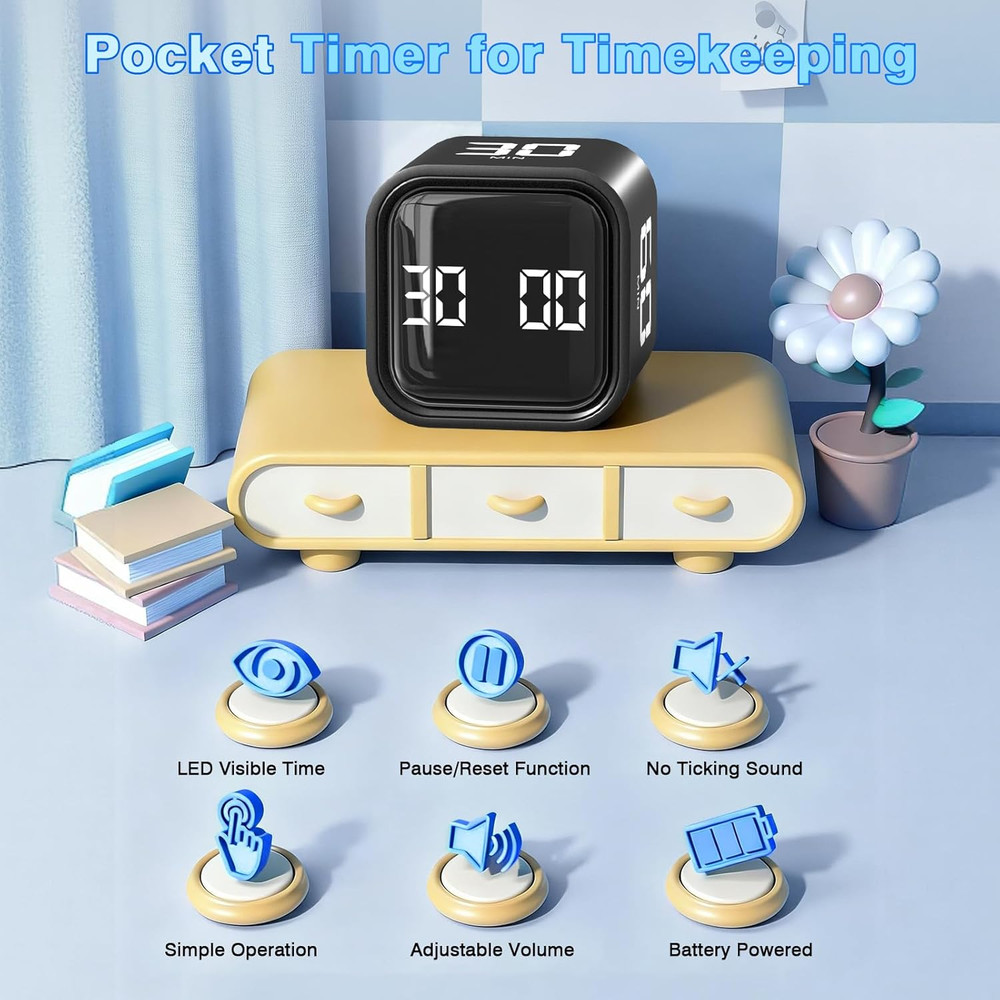 Cube Pomodoro Timer, Desk Productivity Timer 5/10/30/60 Minutes & Custom Countdo