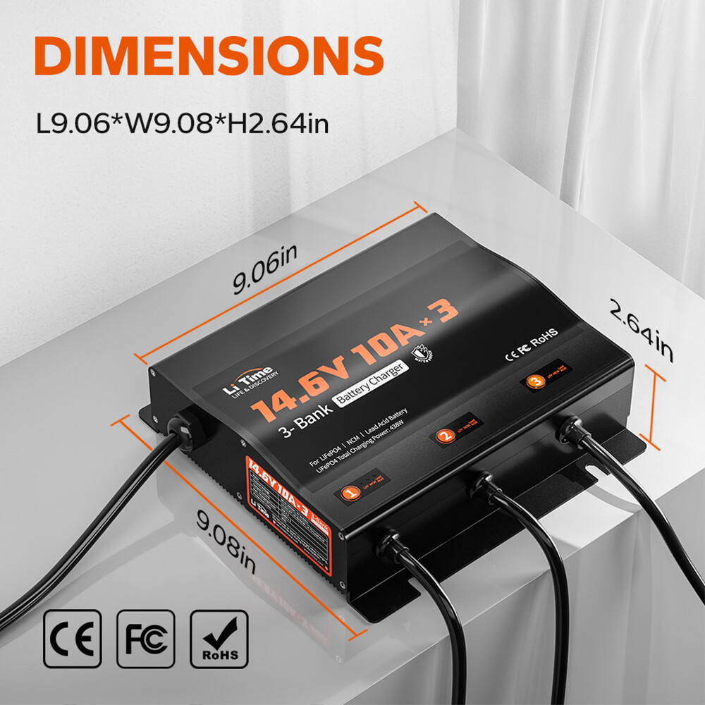 LiTime 14.6V 10A* 3 Bank Smart Charger IP65 for Marine LiFePO4 Lead Acid Battery