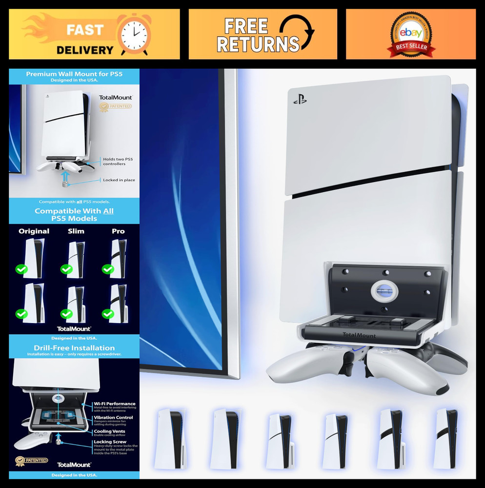 Wall Mount for PS5 - Holds 2 Controllers - Compatible with All Models, Slim & Pr