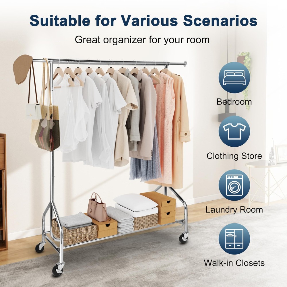Whitmor Heavy Duty Clothes Rack, Rolling Garment Rack with Lockable Wheels, Adju