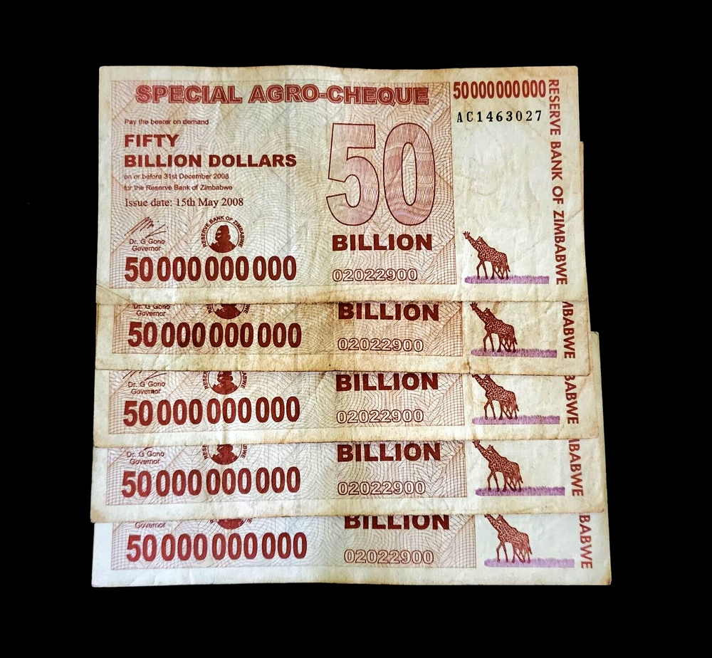 5 pcs x Zimbabwe 50 Billion Dollar agro cheque banknotes