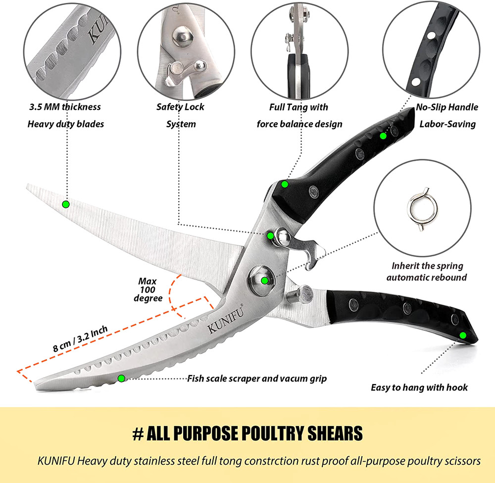 KUNIFU Multi-Function Poultry Shears Spring Loaded Heavy Duty Sharp Stainless