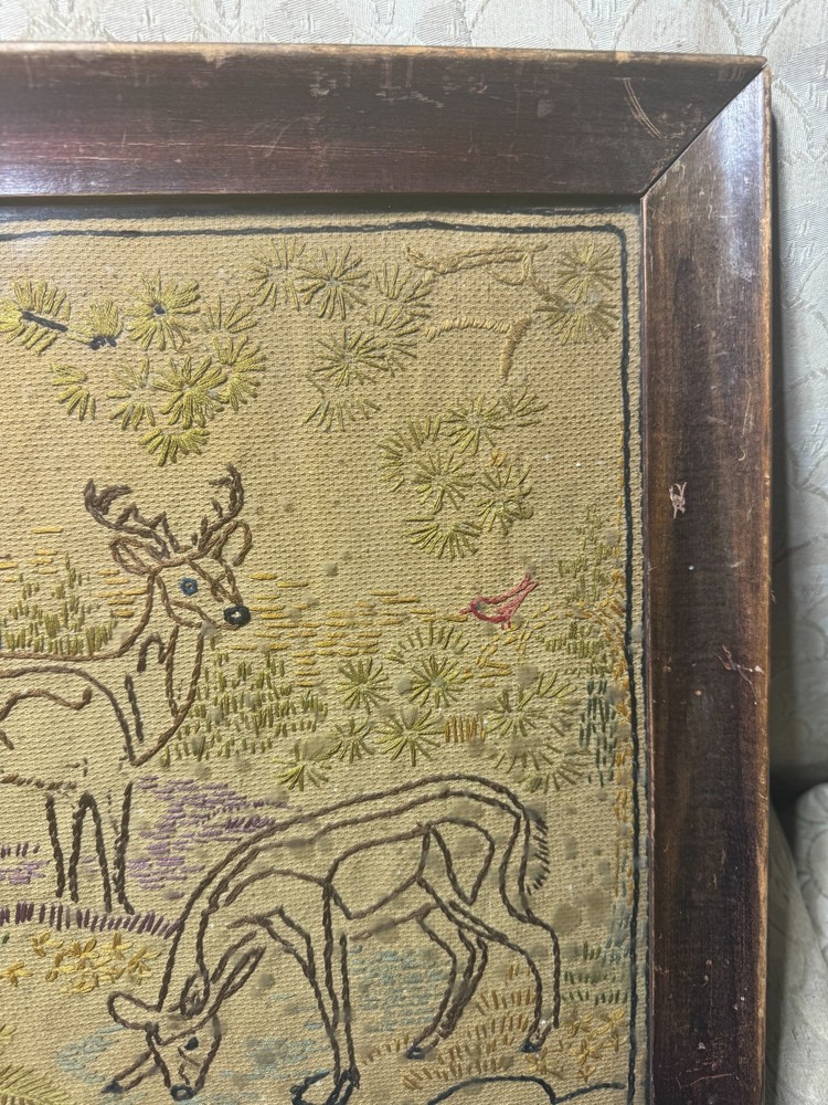 Vintage Needlework "Deer In Landscape Scene" - Framed